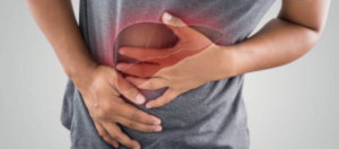 The Photo Of Liver On Man's Body Against Gray Background, Hepatitis, Concept with Healthcare And Medicine